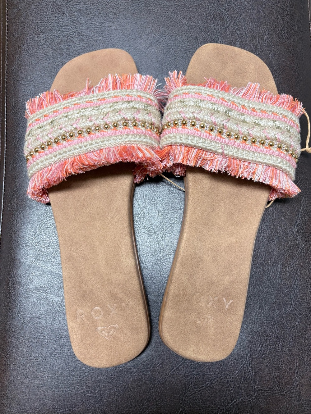 Roxy Coral and Cream Fringe Slide Sandals with Beaded Trim